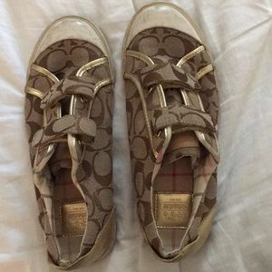 Tan and gold coach shoes